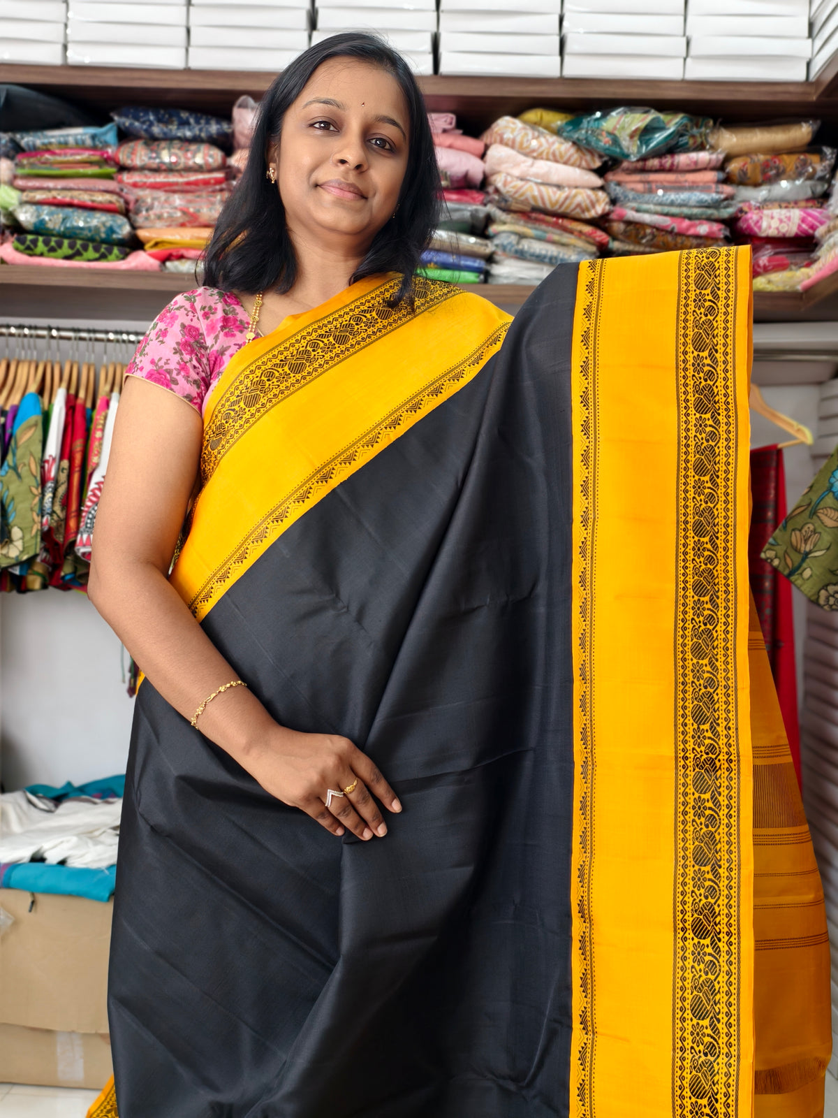 Pure Kanchi Silk Saree -Black mustard PC18196