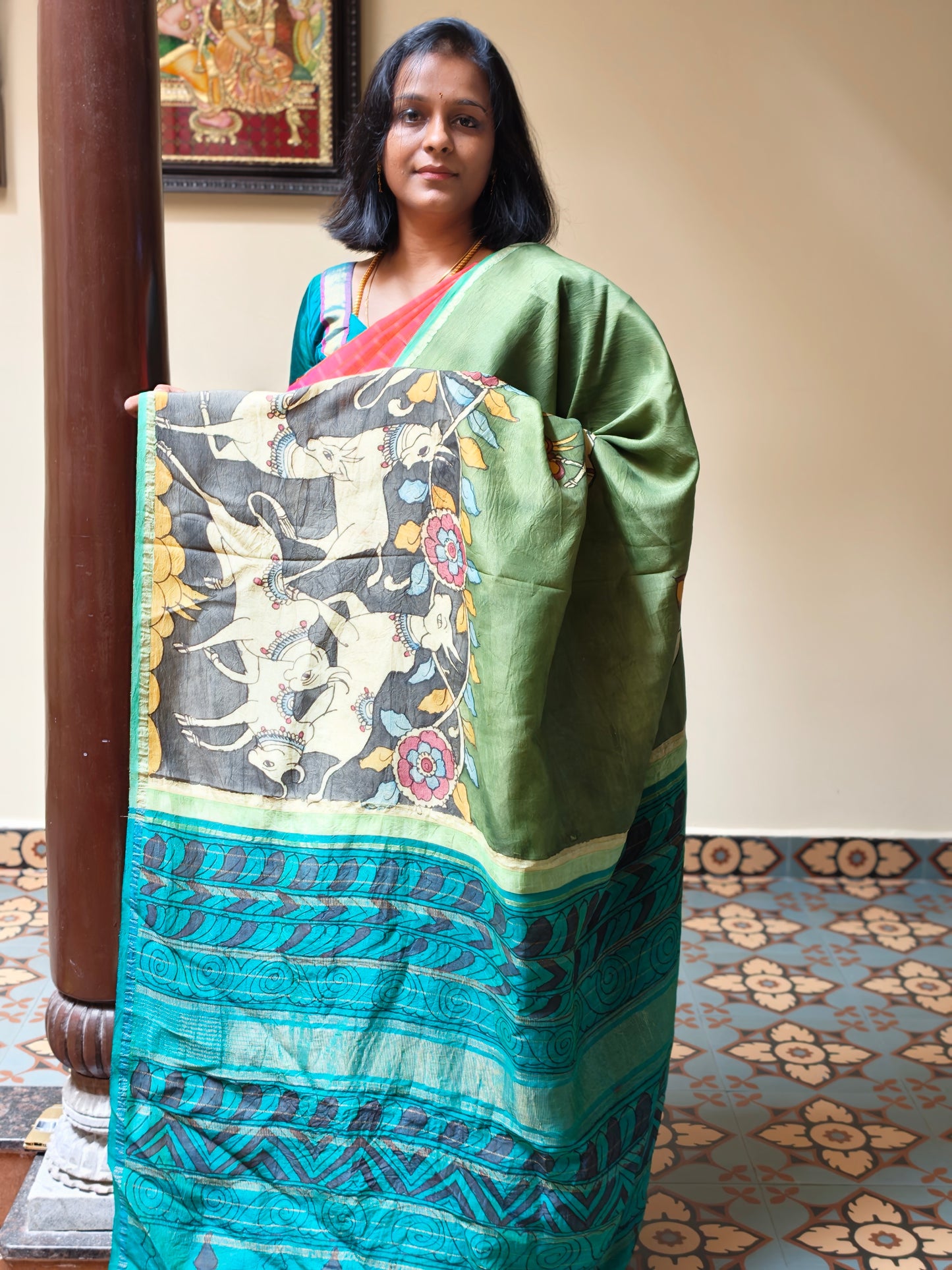 Hand painted kalamkari kanchi silk saree - Kamadhenu