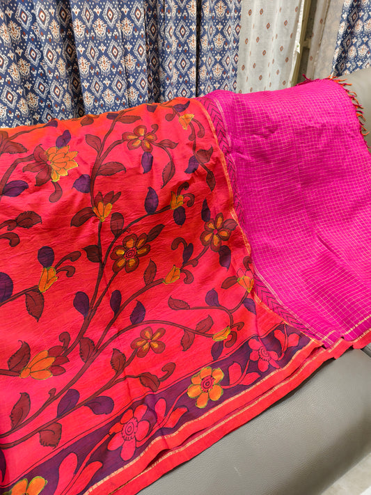 Kanchi hand painted kalamkari silk saree - Hamsa