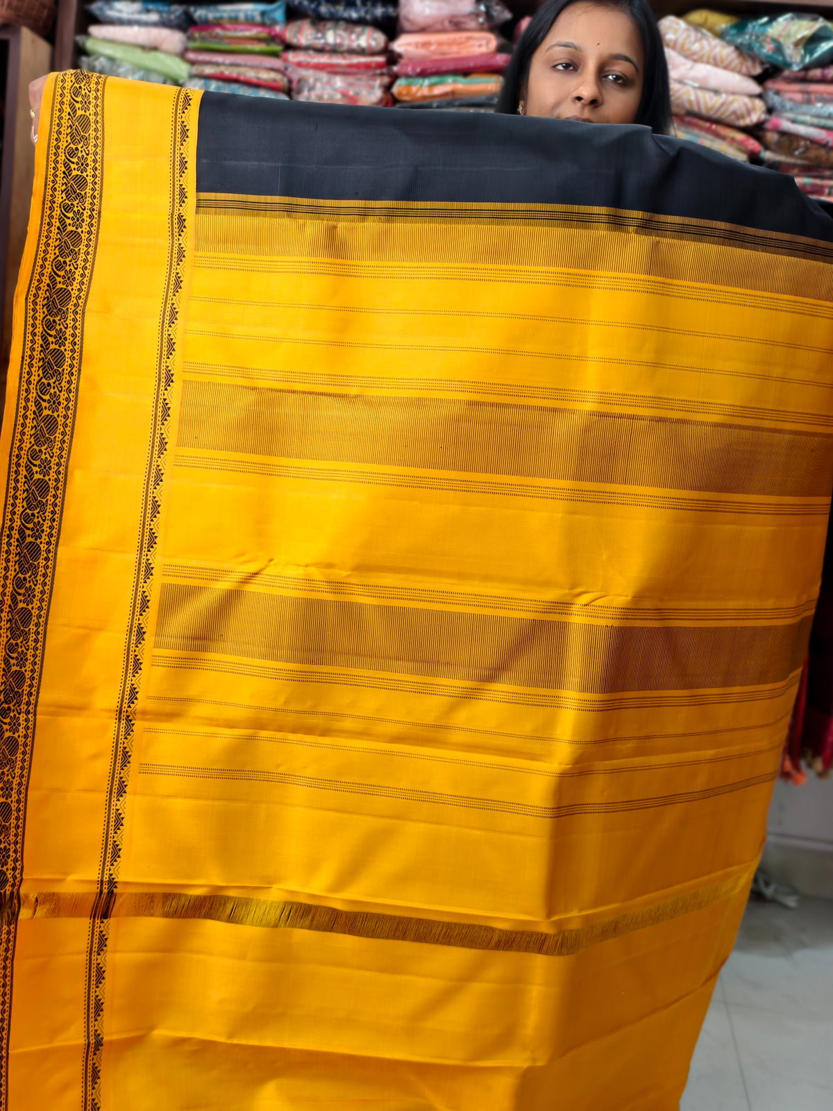 Pure Kanchi Silk Saree -Black mustard PC18196