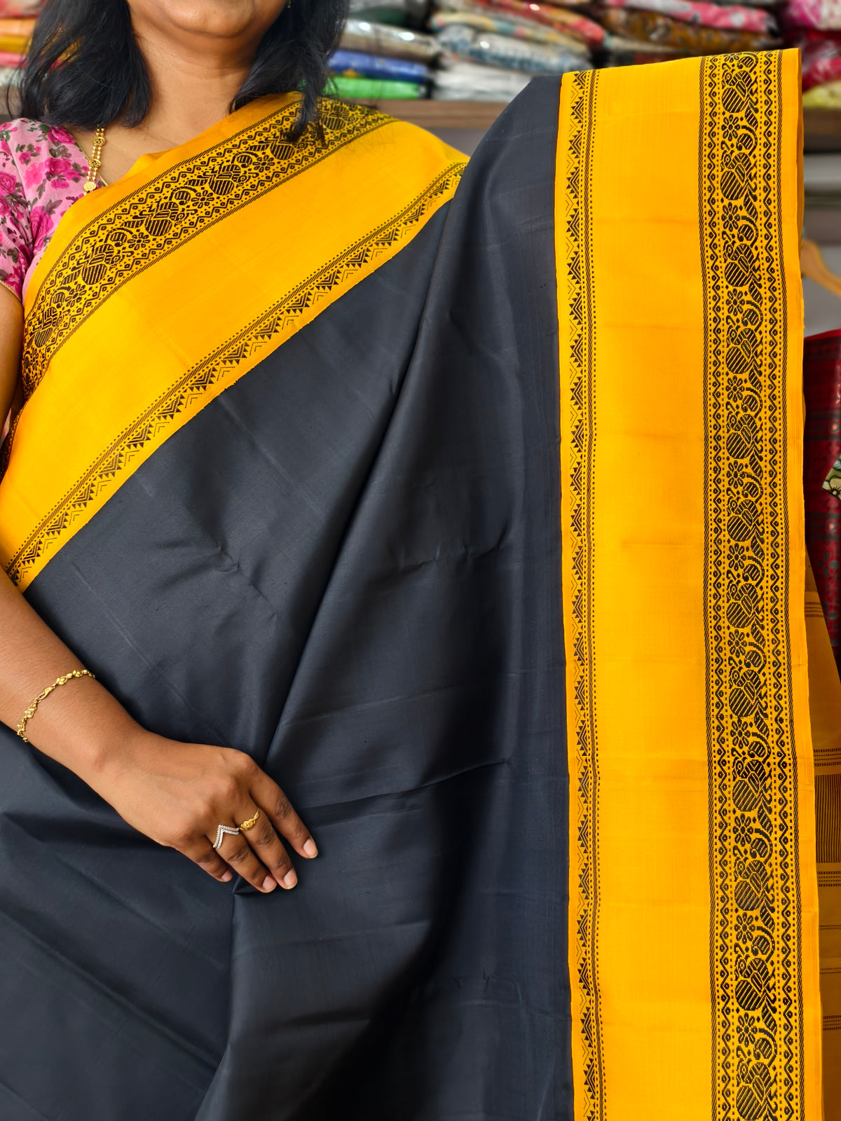 Pure Kanchi Silk Saree -Black mustard PC18196