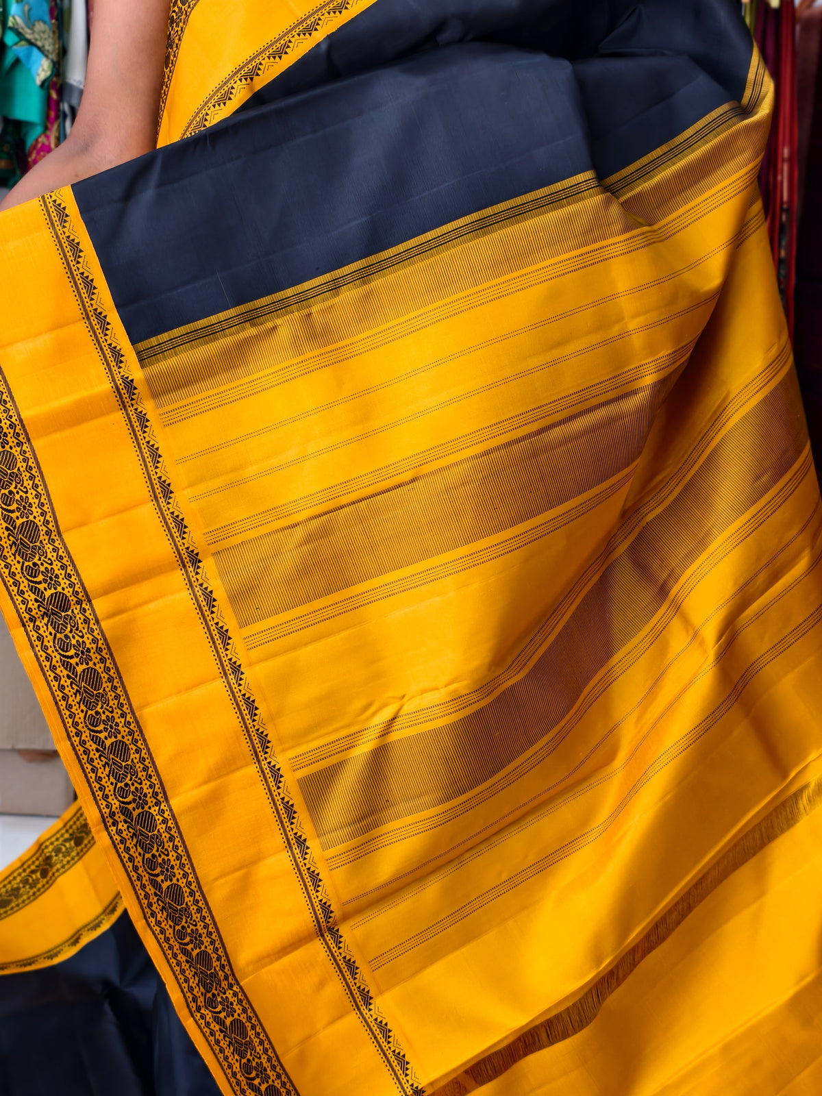 Pure Kanchi Silk Saree -Black mustard PC18196