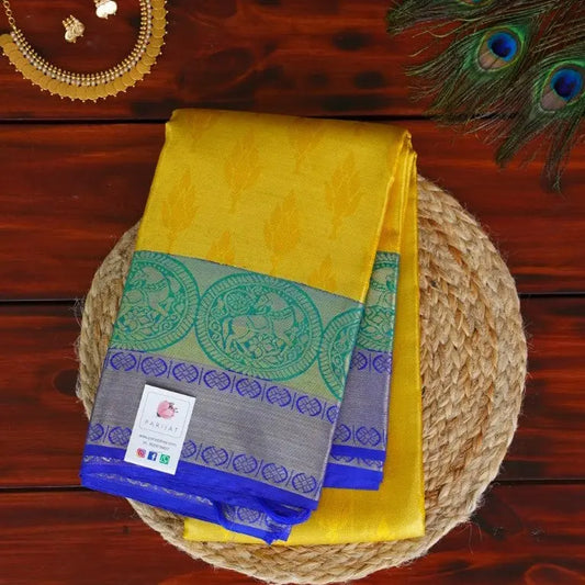 Bright Yellow Jacquard Silk Saree with Violet Zari Pallu PC6258 Parijat Collections