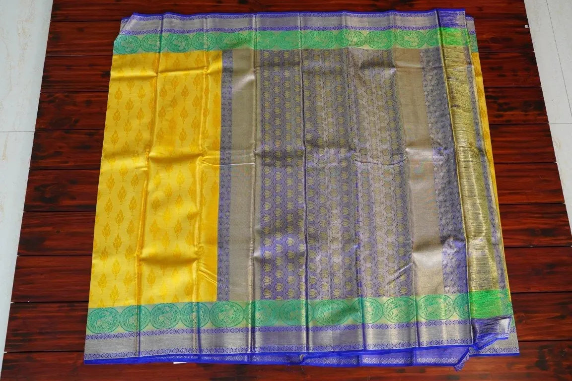 Bright Yellow Jacquard Silk Saree with Violet Zari Pallu PC6258 Parijat Collections