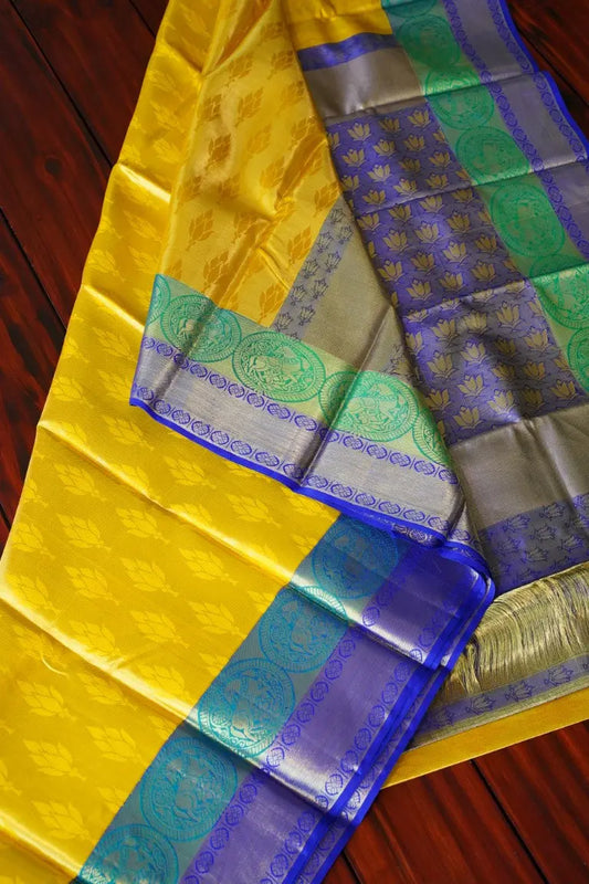 Bright Yellow Jacquard Silk Saree with Violet Zari Pallu PC6258 Parijat Collections