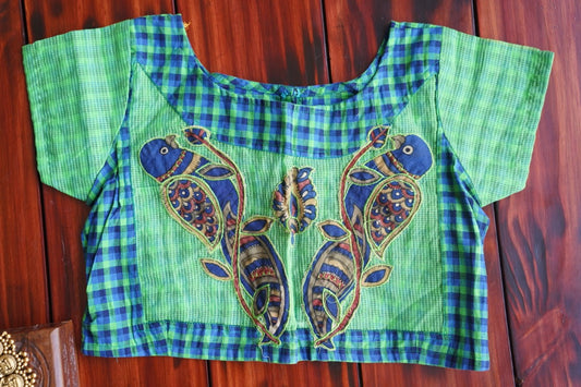 Blue Kalamkari Patch cotton Blouse PC3926 freeshipping - Parijat Collections
