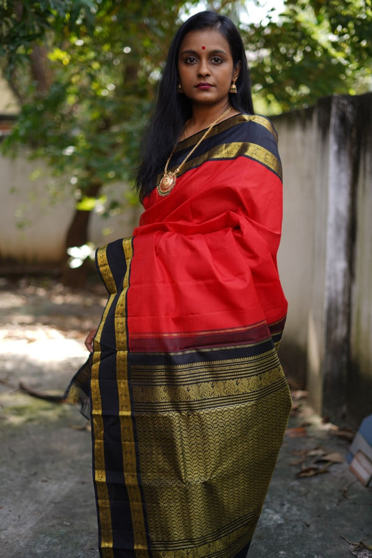 Red and black Pure Korvai Kanchi Silk Saree PC5922 freeshipping - Parijat Collections