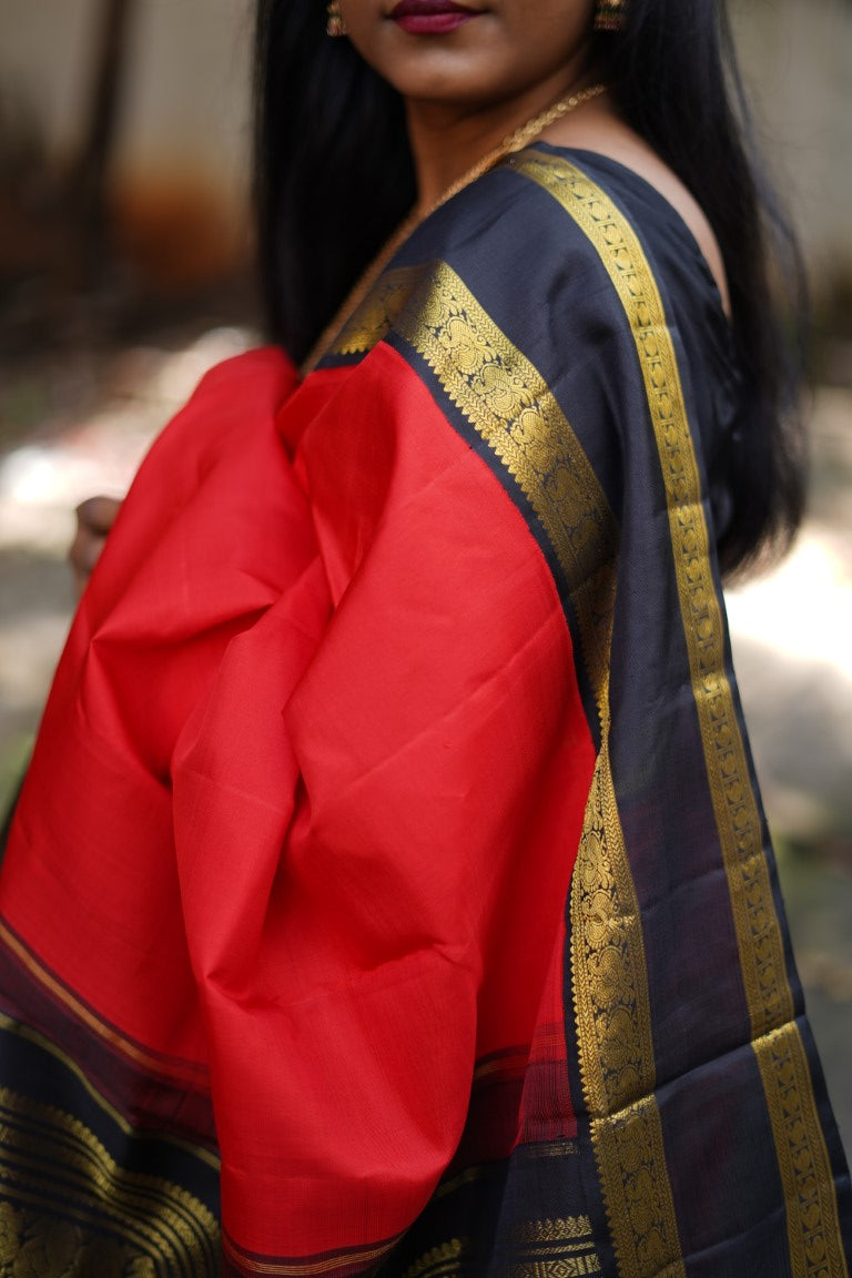 Red and black Pure Korvai Kanchi Silk Saree PC5922 freeshipping - Parijat Collections