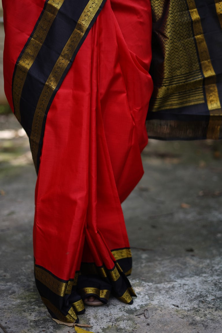 Red and black Pure Korvai Kanchi Silk Saree PC5922 freeshipping - Parijat Collections
