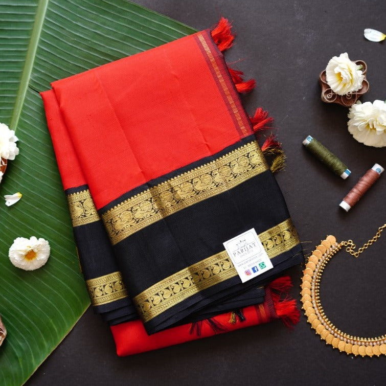 Red and black Pure Korvai Kanchi Silk Saree PC5922 freeshipping - Parijat Collections