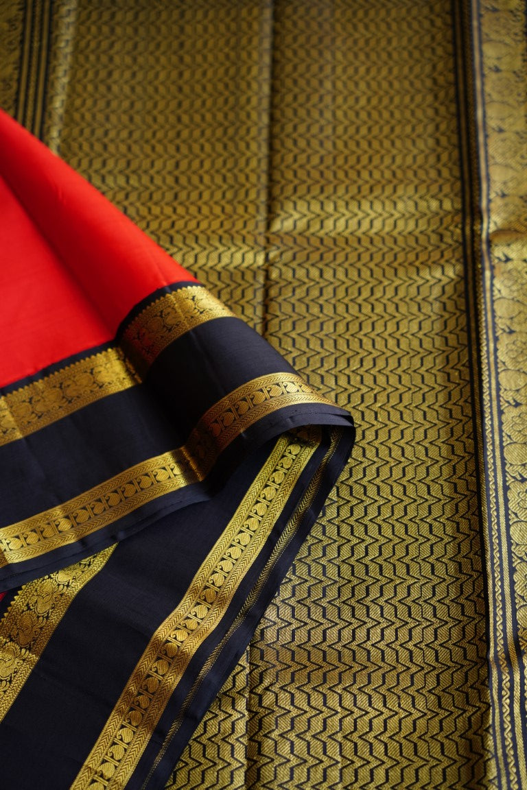 Red and black Pure Korvai Kanchi Silk Saree PC5922 freeshipping - Parijat Collections