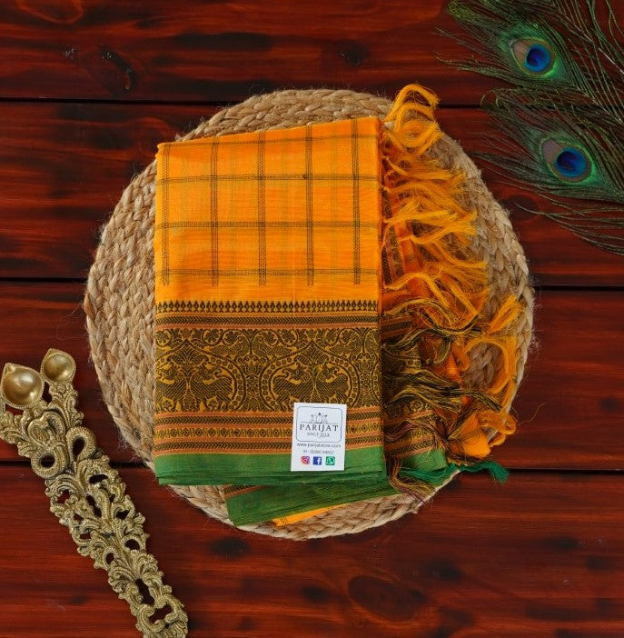 Mango Yellow Checked Kanchi Silk Cotton Saree PC1625-Silk Cotton Sarees-Parijat Collections