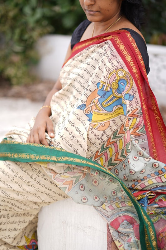Kalamkari Hand Painted in Handloom Cotton Saree With Silk Border-Rama katha PC9190