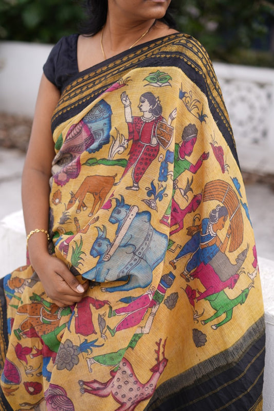 Kalamkari Hand Painted in Gadwal Cotton Saree With Silk Border PC9191