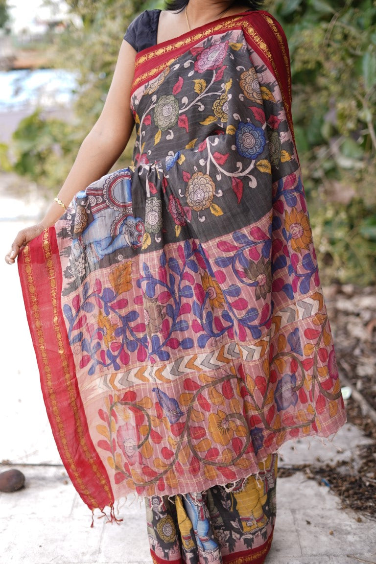 Kalamkari Hand Painted in Handloom Cotton Saree With Silk Border PC9187