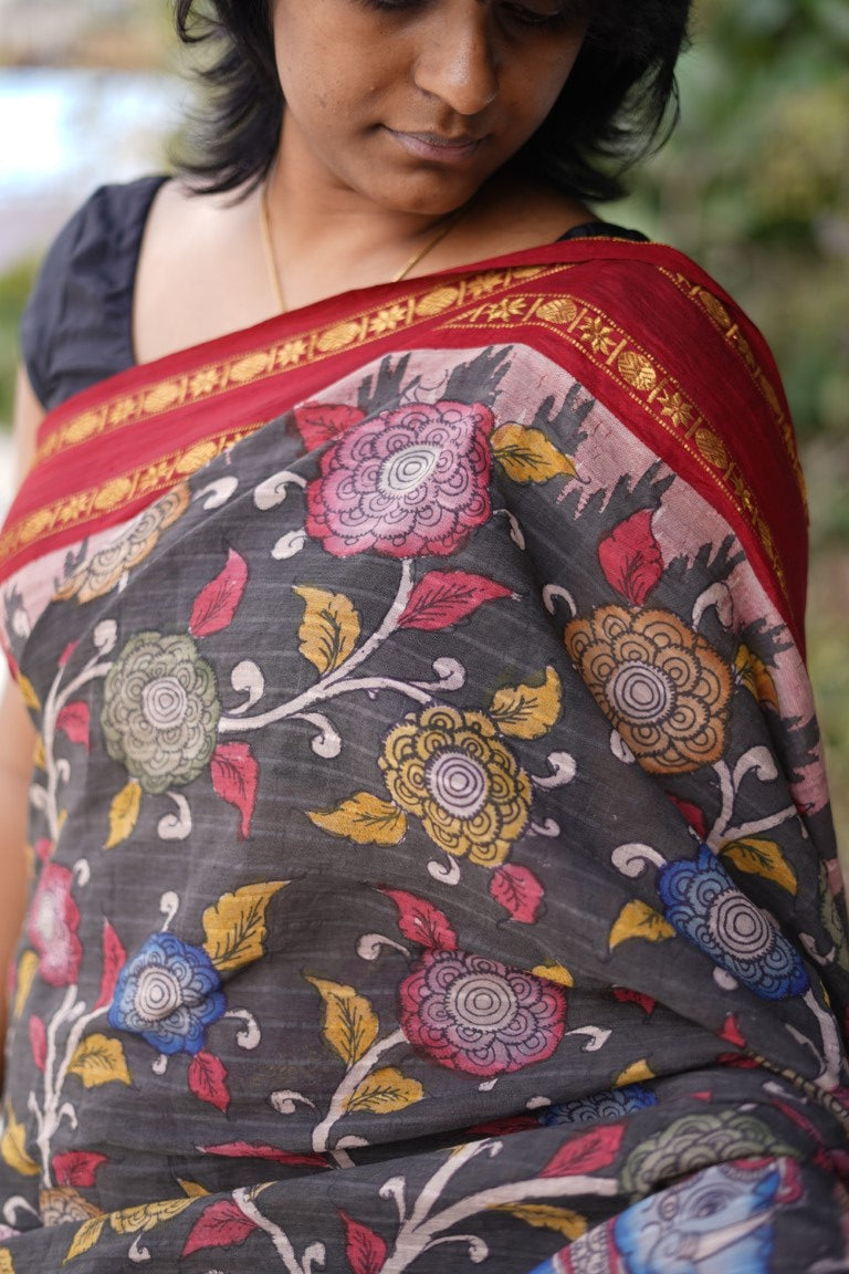 Kalamkari Hand Painted in Handloom Cotton Saree With Silk Border PC9187