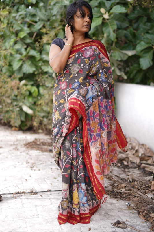 Kalamkari Hand Painted in Handloom Cotton Saree With Silk Border PC9187