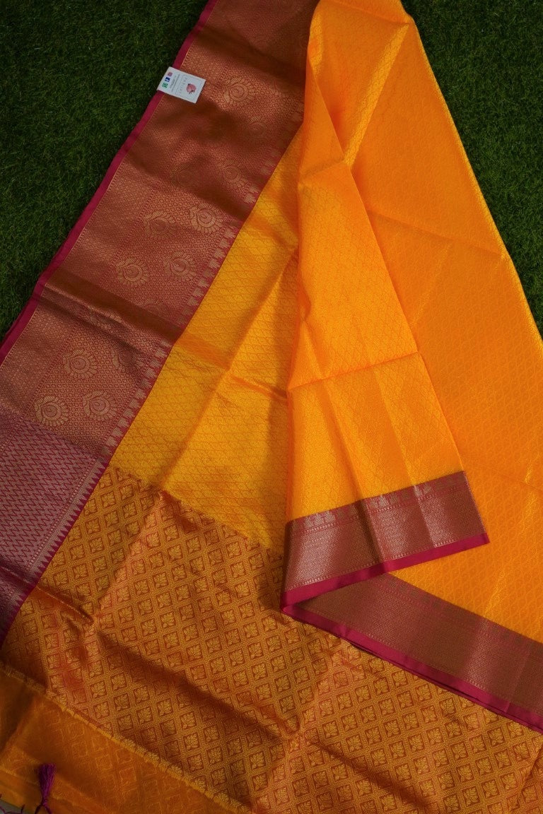 Mango Yellow Banarasi Muslin Silk Saree PC 1338-Banarasi Sarees-Parijat Collections
