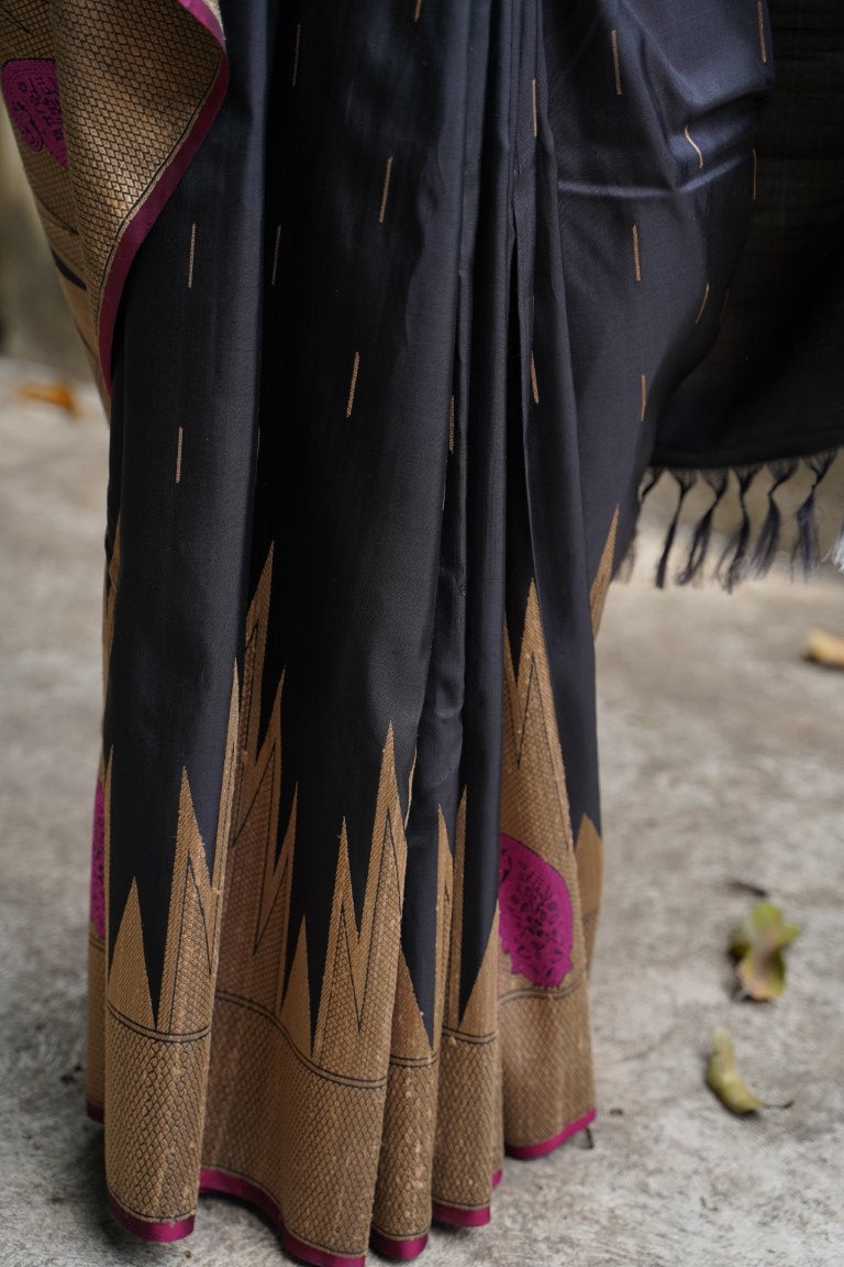 Black Gadwal Silk Saree with tussar thread work  PC3485
