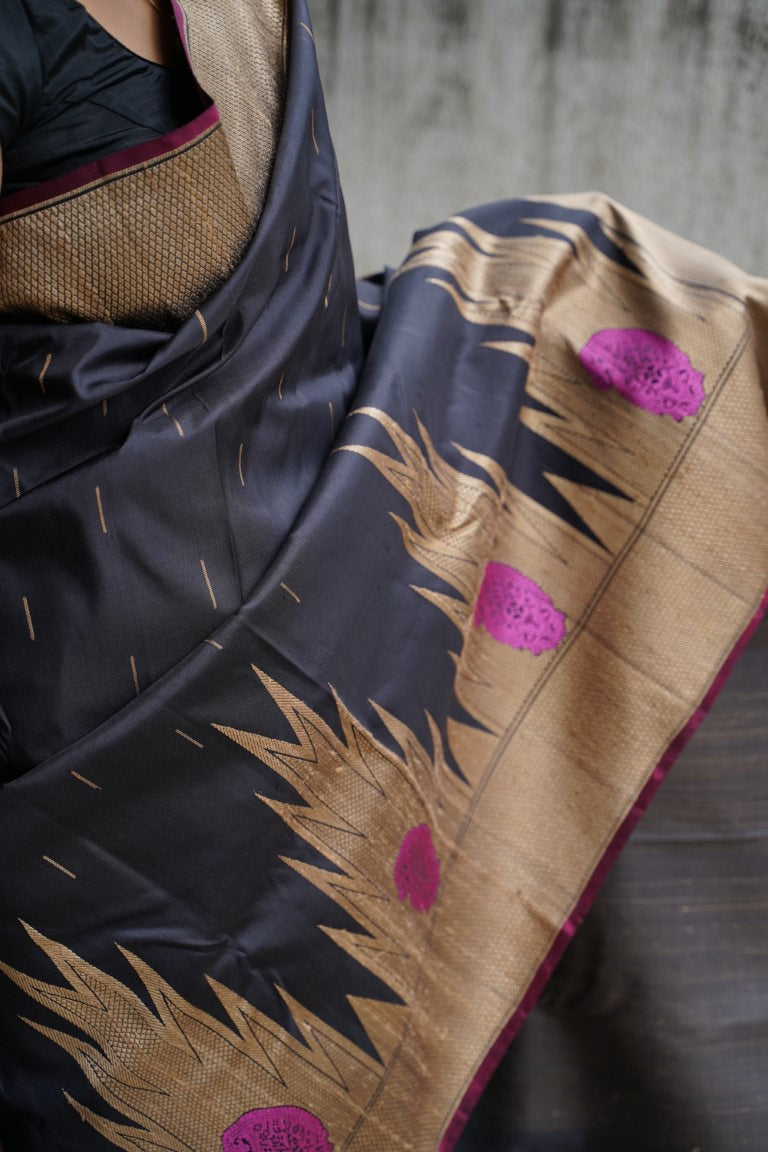 Black Gadwal Silk Saree with tussar thread work  PC3485