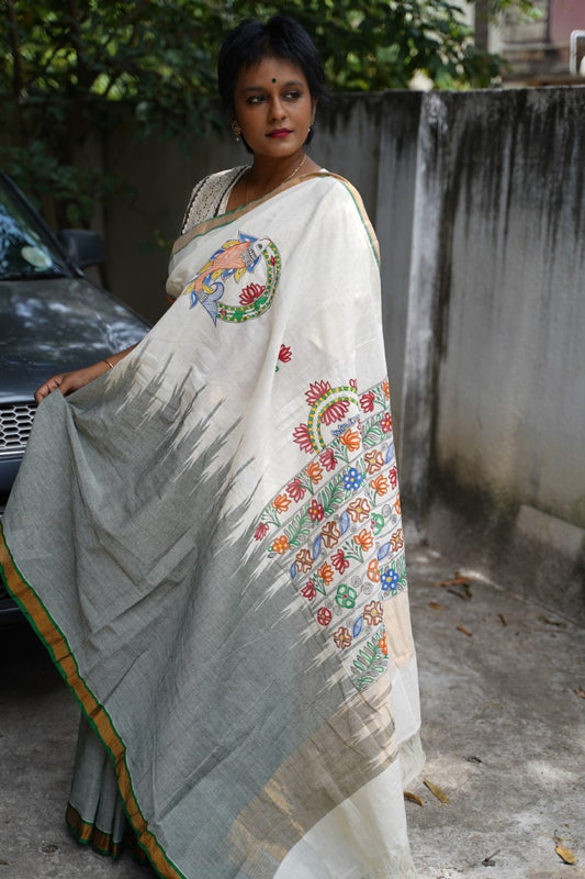 Madhubani Painted Ponduru Handloom Cotton Saree PC7235