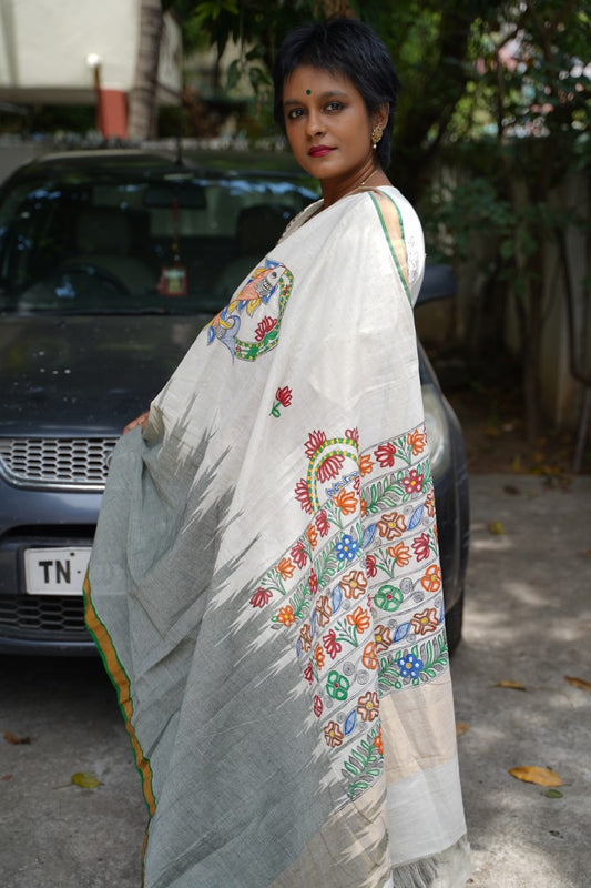 Madhubani Painted Ponduru Handloom Cotton Saree PC7235