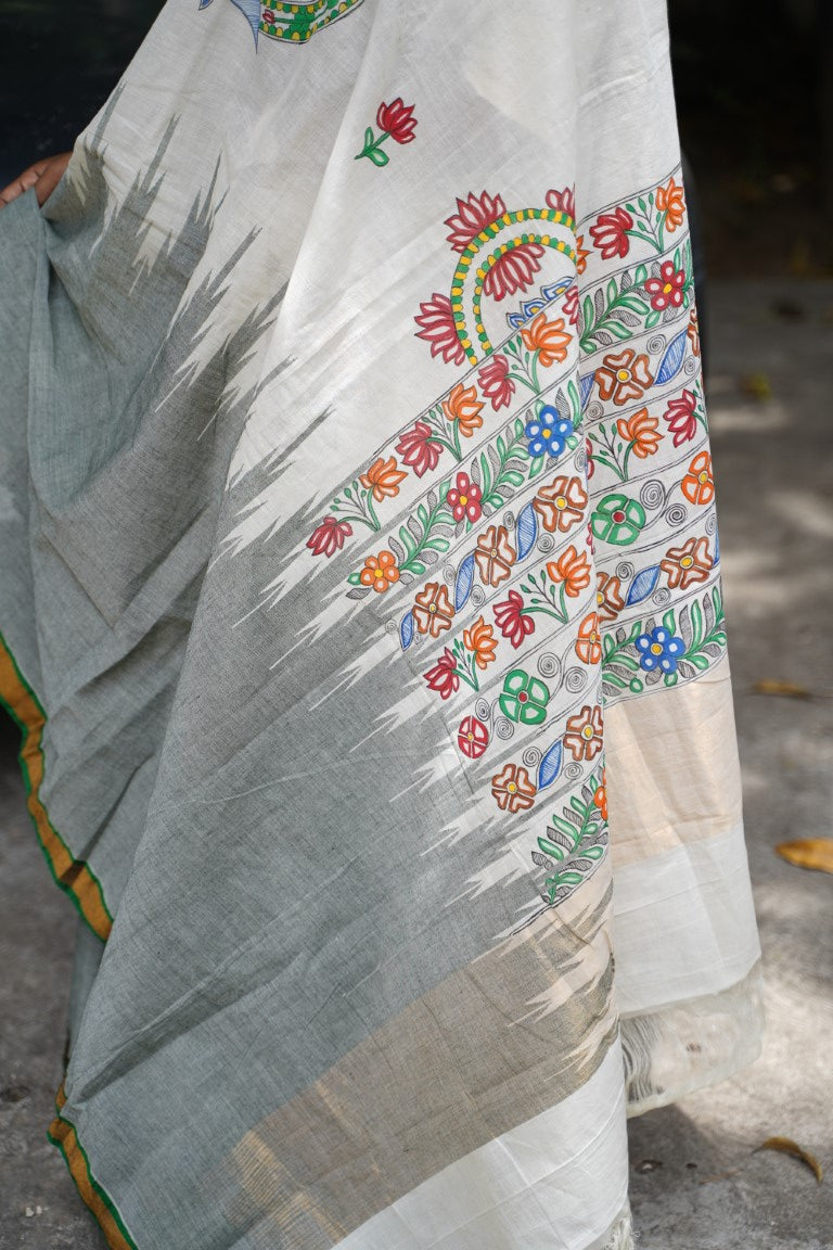 Madhubani Painted Ponduru Handloom Cotton Saree PC7235