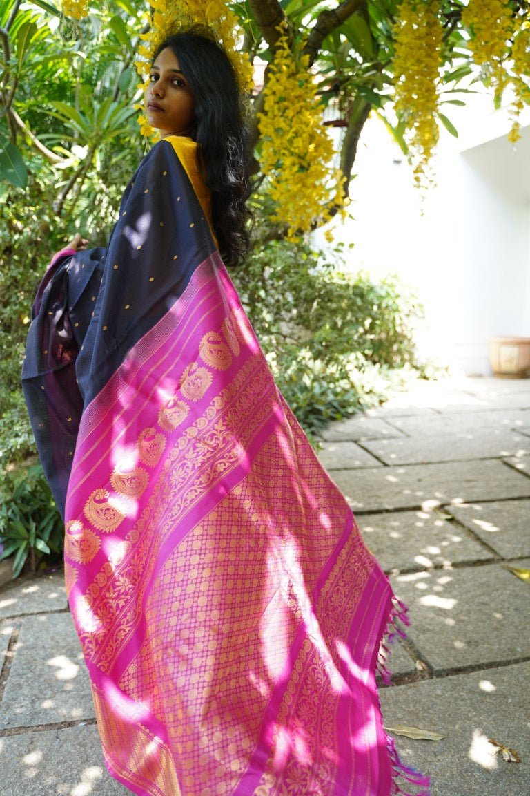 Black Gadwal Silk Cotton Saree with Ganga Jamuna border PC2789