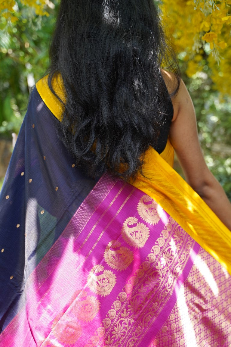 Black Gadwal Silk Cotton Saree with Ganga Jamuna border PC2789