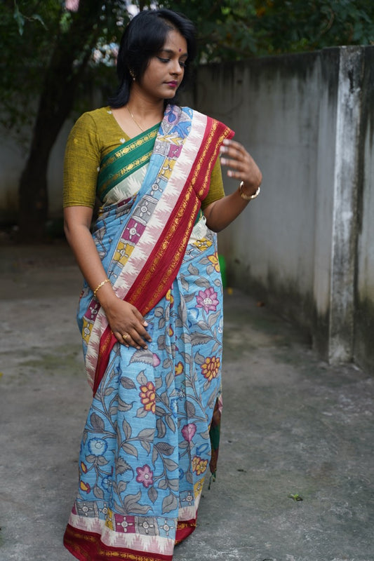 Kalamkari Hand Painted in Handloom Cotton Saree With Silk Border PC9089