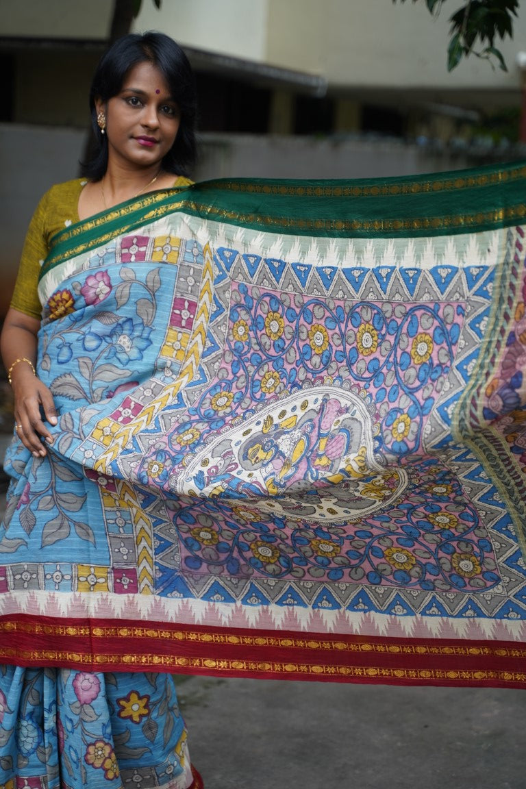 Kalamkari Hand Painted in Handloom Cotton Saree With Silk Border PC9089