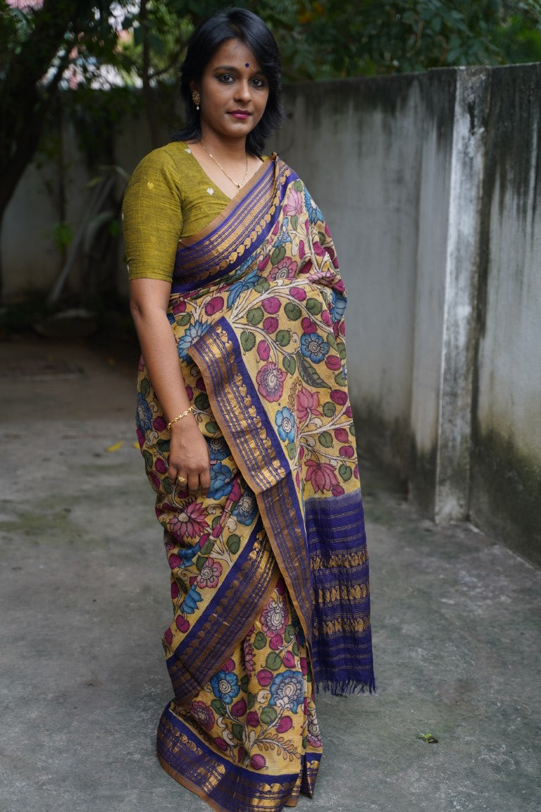 Kalamkari Hand Painted in Handloom gadwal Cotton Saree With Silk Border PC9085