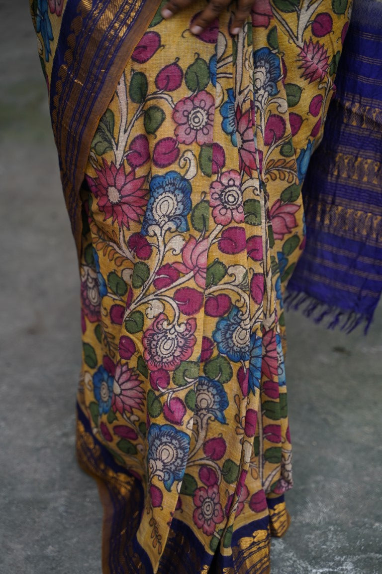 Kalamkari Hand Painted in Handloom gadwal Cotton Saree With Silk Border PC9085