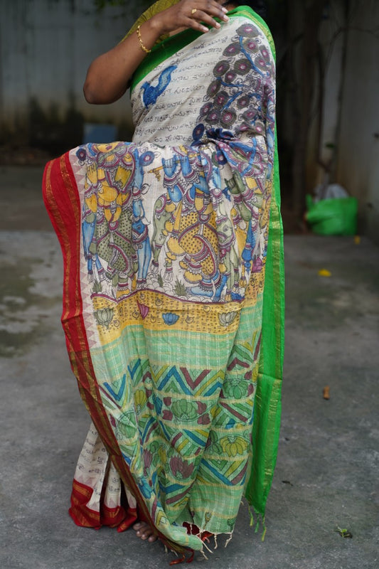 Kalamkari Hand Painted in Handloom Cotton Saree With Silk Border PC9090