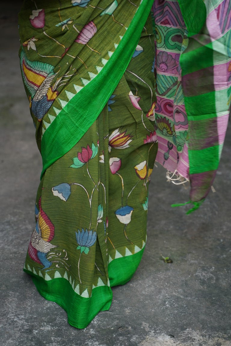 Kalamkari Hand Painted in Handloom Cotton Saree With Silk Border PC9087