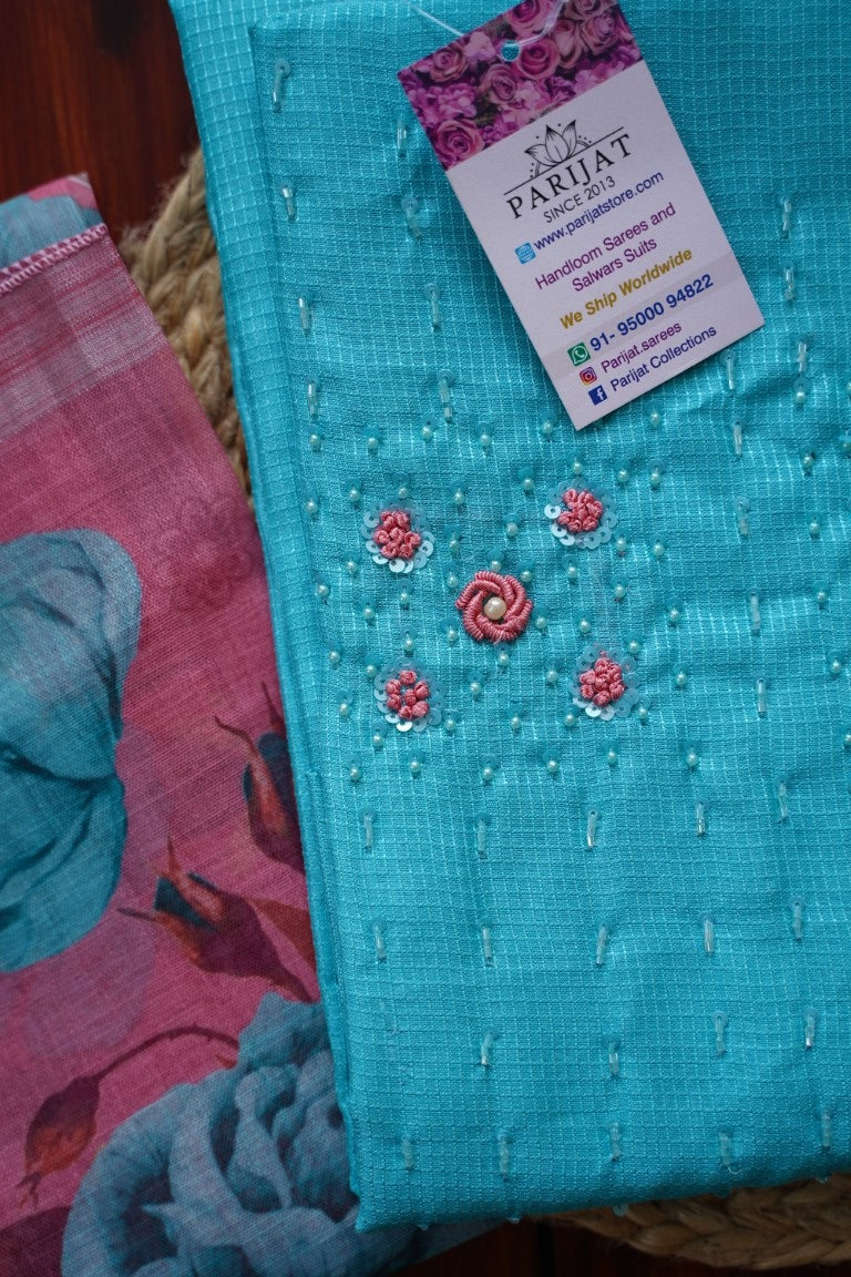 Blue Kota Silk Salwar Material with embroidery PC2523-Salwars-Parijat Collections