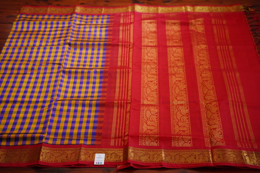Kanchi Silk Cotton Checked Saree With Zari Border  PC9882