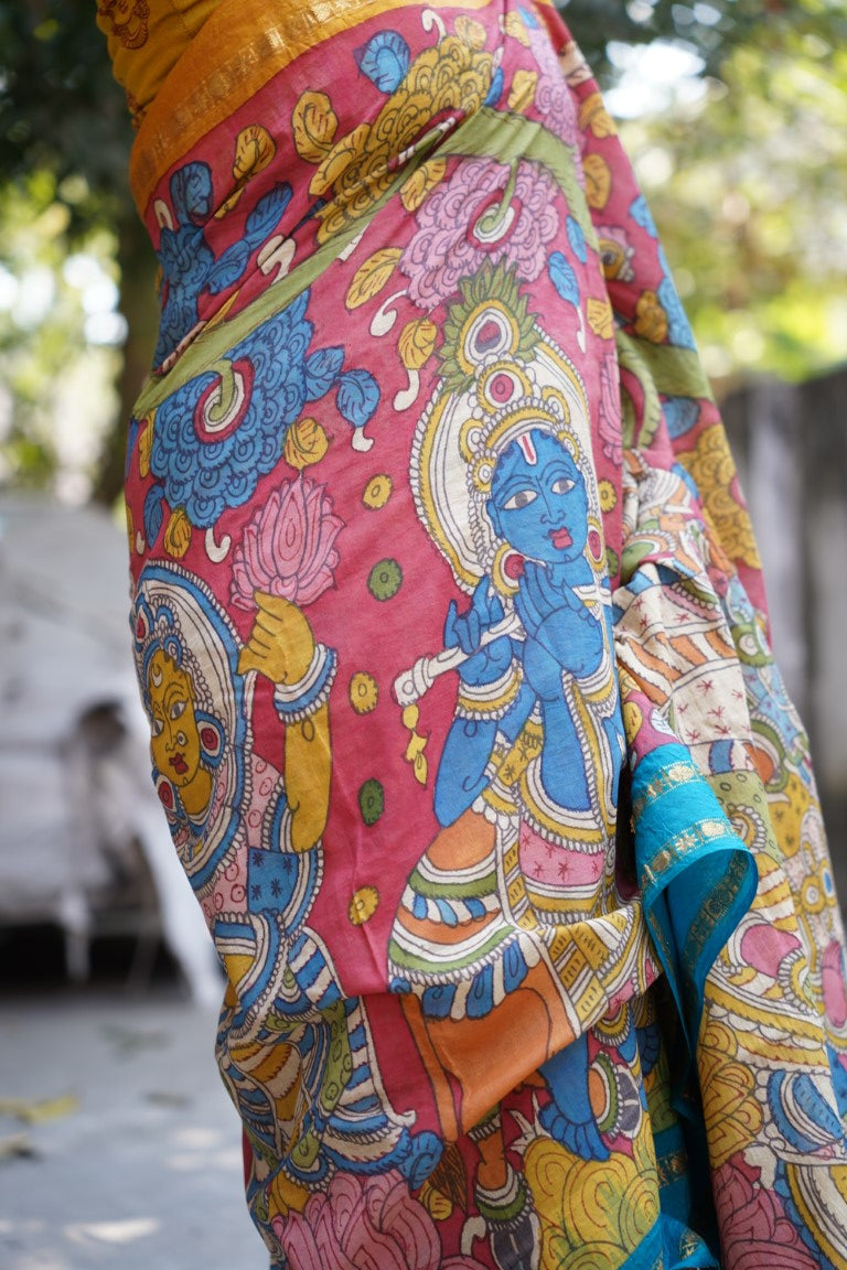 Pen Kalamkari Hand Painted in Kanchi cotton saree-krshna PC9522