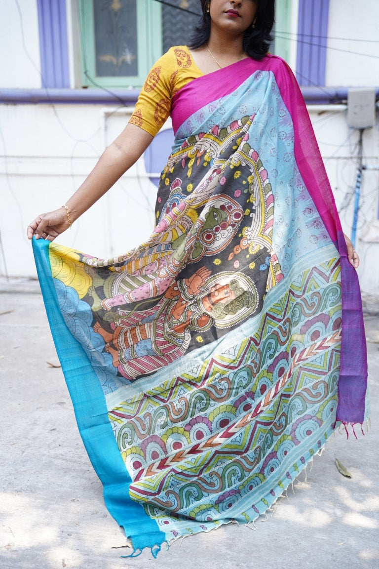 Pen Kalamkari Hand Painted in Kanchi cotton saree-Rama sita PC9524