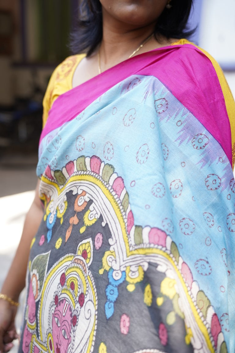 Pen Kalamkari Hand Painted in Kanchi cotton saree-Rama sita PC9524