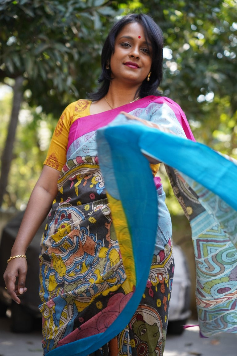 Pen Kalamkari Hand Painted in Kanchi cotton saree-Rama sita PC9524