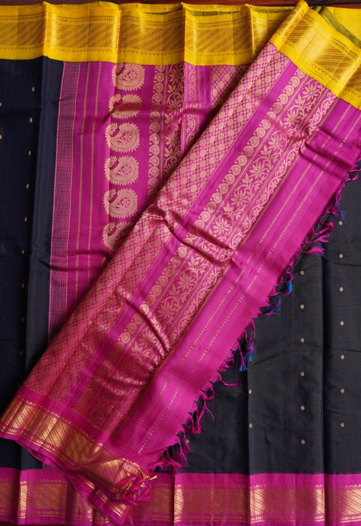 Black Gadwal Silk Cotton Saree with Ganga Jamuna border PC2789 freeshipping - Parijat Collections