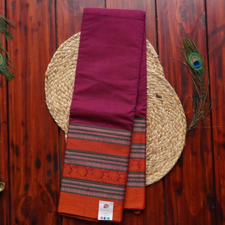 Reddish Pink Kanchi handloom Cotton Saree with long thread border PC364 freeshipping - Parijat Collections