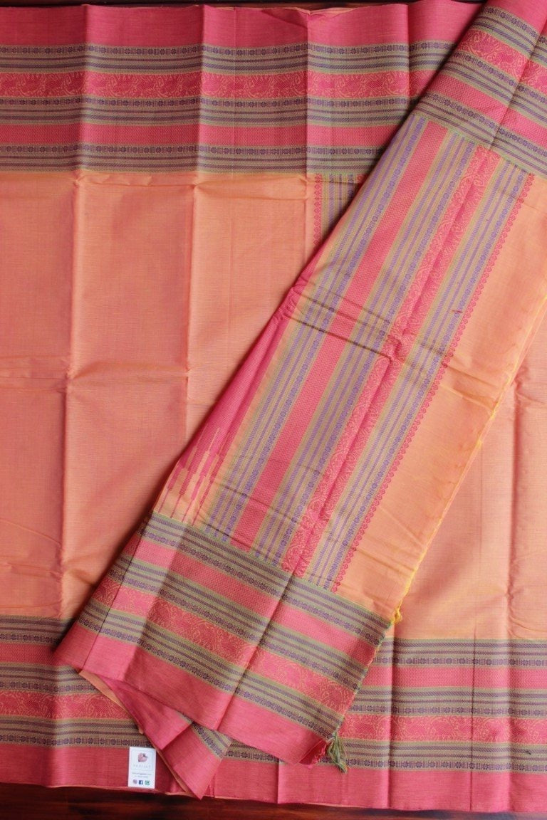 Peach Kanchi handloom Cotton Saree with long thread border PC353 freeshipping - Parijat Collections