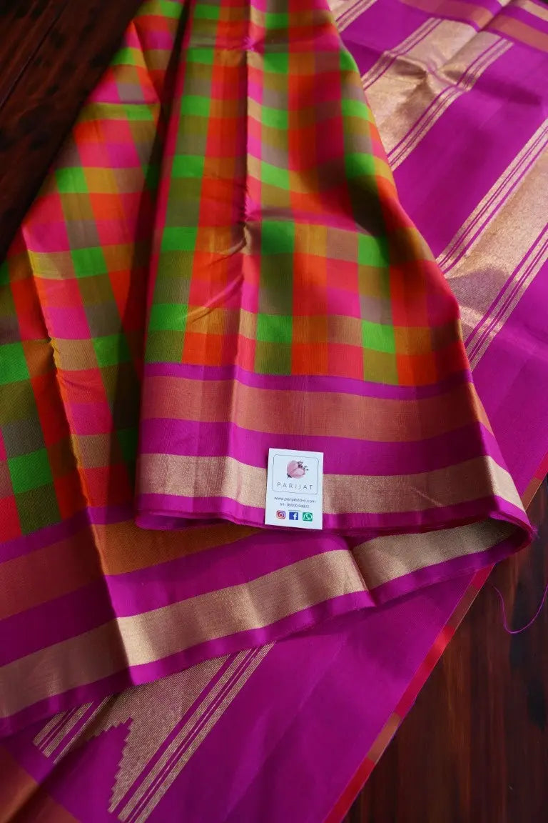 Multi Color Checks Silk Saree with Grand Pink Zari Pallu & PC896 Parijat Collections