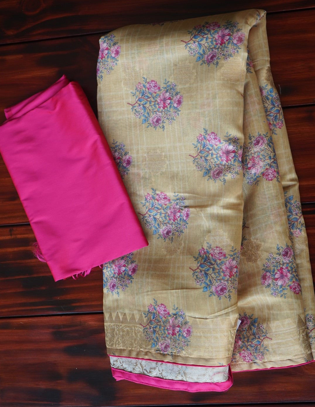 Chanderi floral silk cotton Saree with semi raw silk blouse-Fancy Sarees-Parijat Collections
