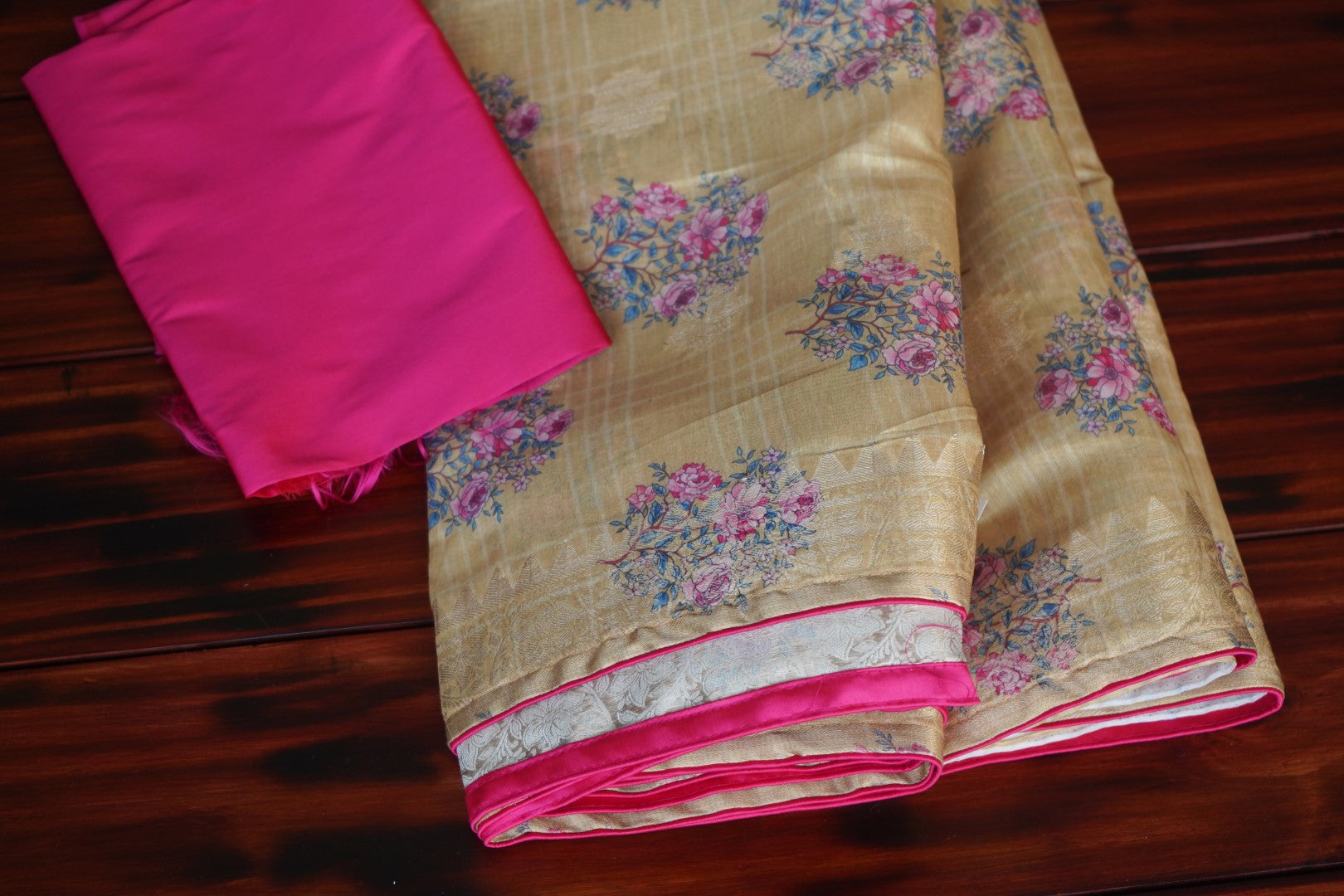 Chanderi floral silk cotton Saree with semi raw silk blouse-Fancy Sarees-Parijat Collections
